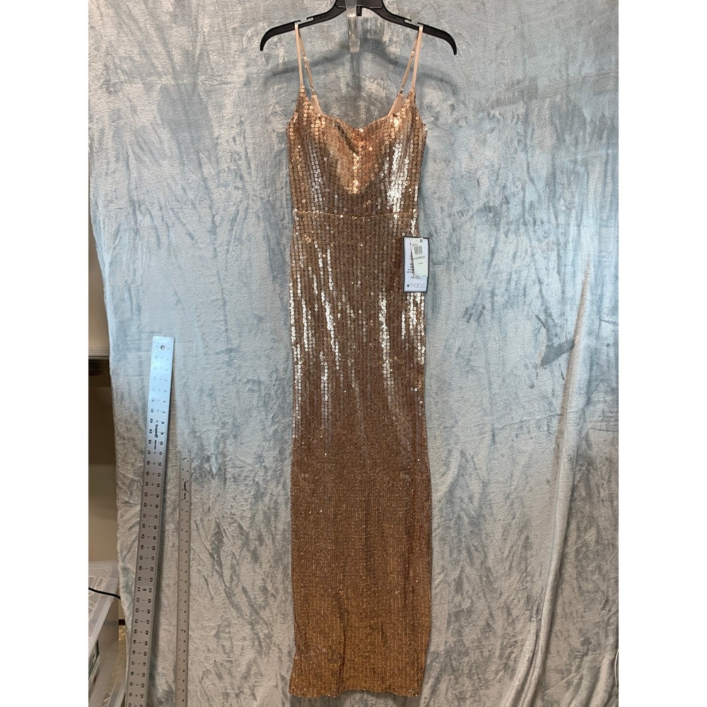 B. Darlin Rose Gold Sequin Cowl Neck Maxi Gown Dress X26Z104 Size 1/2 NEW
